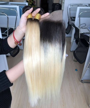 1B/613 Color Straight Human Hair Bundles With Lace Closure
