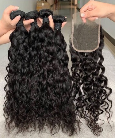 Water Wave Human Hair 4 Bundles With 4X4 Lace Closure 