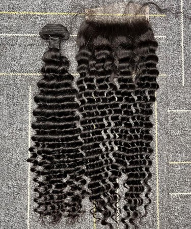 Kinky Curly Human Hair One Bundle With 5X5 Lace Closure 