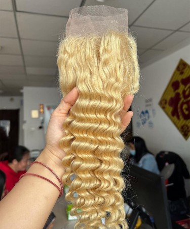 Deep Curly 613 Blonde Color 13X4 Lace Frontal Closures