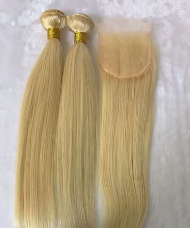 Two 613 Color Straight Human Hair Bundles With Lace Closure