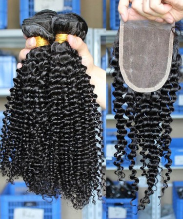 Kinky Curly Human Hair 4 Bundles With 4X4 Lace Closure 