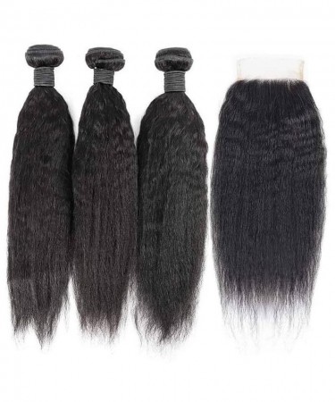 Kinky Straight Human Hair Bundles With 5X5 Lace Closure