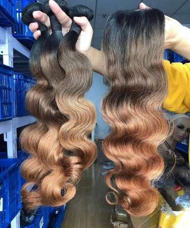 Ombre Color Body Wave Human Hair Bundles With Lace Closure