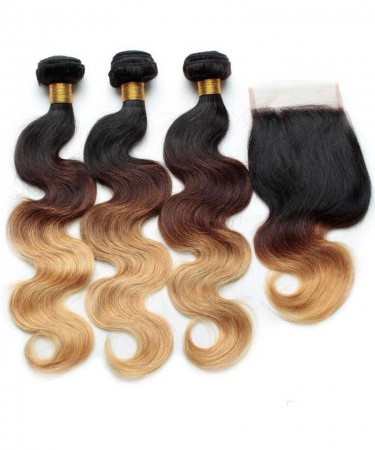 Ombre Color Body Wave Human Hair Bundle With Lace Closure