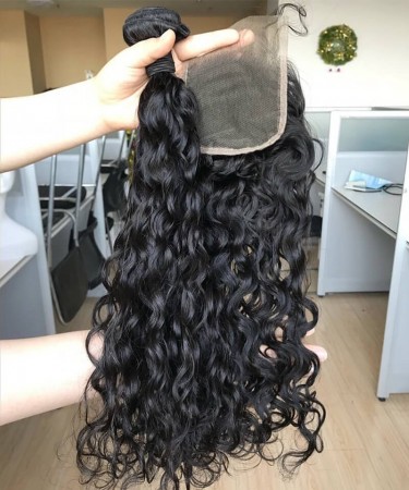 Water Wave Human Hair One Bundle With 5X5 Lace Closure