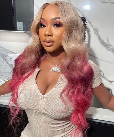 Pink Ombre Color Body Wave 13X4 Lace Front Wigs For Sale