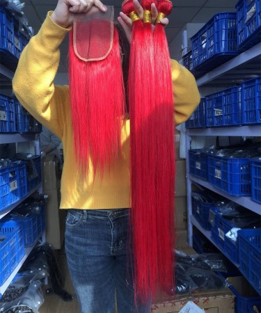99J Red Color Straight Human Hair Bundles With Lace Closure