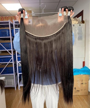 Three Straight Human Hair Bundles With 13X6 Frontal Closures