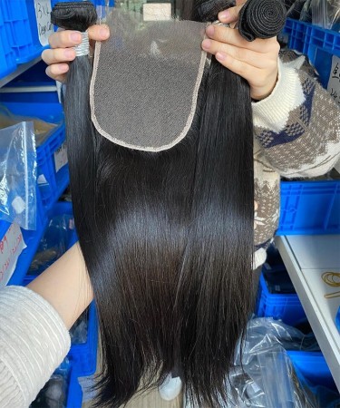 Straight Human Hair Bundles With Lace Closure 4 Pieces/set