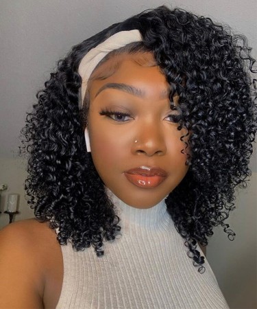 3B 3C Kinky Curly Human Hair Wigs With Headband 