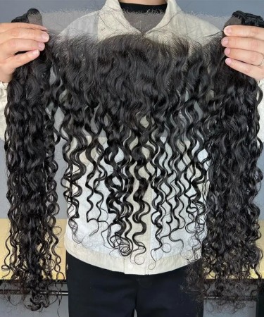 Two Water Wave Human Hair Bundles With Lace Frontal Closure 