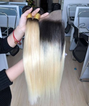 1B/613 Color Straight Human Hair Bundles With Lace Closure