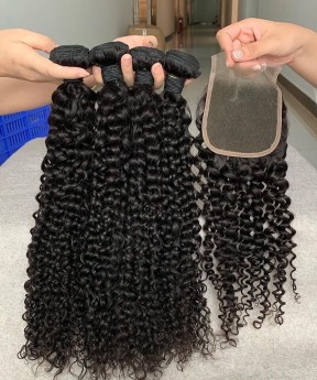 Afro Kinky Curly Human Hair 4 Bundles With 4X4 Lace Closure 