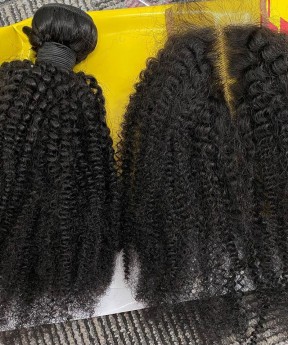 Afro Kinky Curly Human Hair One Bundle With 4X4 Lace Closure