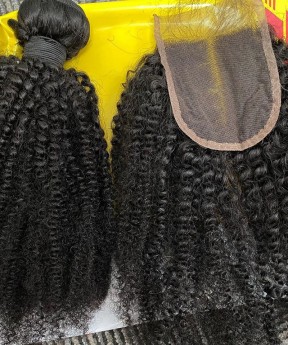 Afro Kinky Curly Human Hair Two Bundles With 4X4 Lace Closure