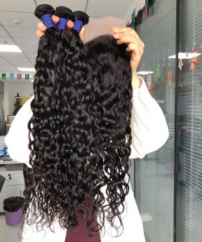 Water Wave Human Hair Bundles With 5X5 Lace Closure 