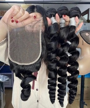 Loose Wavy Three Human Hair Bundles With 5X5 Lace Closure