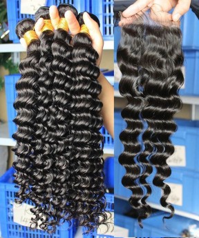 Deep Wave Human Hair Bundles With One 4X4 Lace Closure