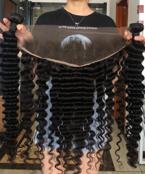 Deep Wave Human Hair Two Bundles With 13X2 Frontal Closure 