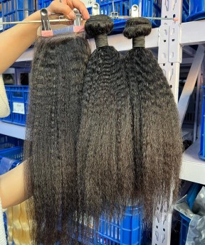 Two Kinky Straight Bundles With 5X5 Lace Closure 3 Pieces/set