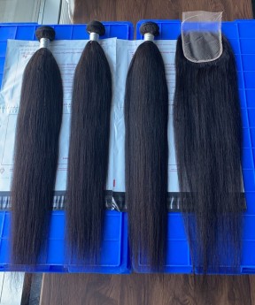 Light Yaki Straight Human Hair Bundles With 5X5 Lace Closure 4 Pieces/set