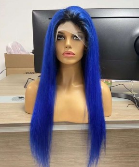 1B/Blue Straight Transparent Lace Front Wig Pre Plucked