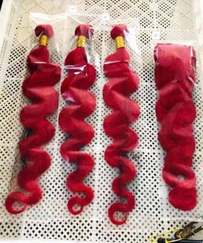 Red Color Body Wave Human Hair Bundles With Lace Closure