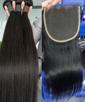 Straight Wave Human Hair One Bundle With 4X4 Lace Closure