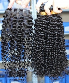 Two Kinky Curly Human Hair Bundles With Lace Closure