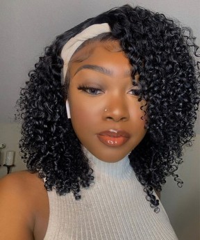 3B 3C Kinky Curly Human Hair Wigs With Headband