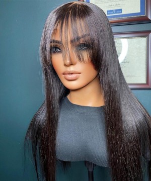 Straight 360 Transparent Lace Frontal Wigs With Bangs