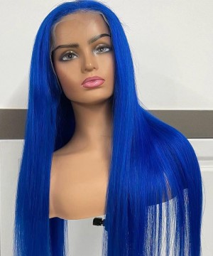 Blue Straight 13X4 Lace Front Human Hair Wigs Pre Plucked