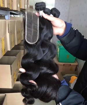 Body Wave Human Hair Bundles With 2X6 Lace Closure