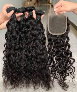 Water Wave Human Hair 4 Bundles With 4X4 Lace Closure 