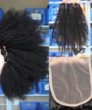 Afro Kinky Curly Human Hair Bundles With 4X4 Lace Closure