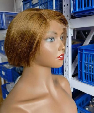 Brown Color Pixie Human Hair Lace Wigs Pre Plucked 