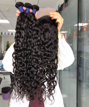 Water Wave Human Hair Bundles With 5X5 Lace Closure 