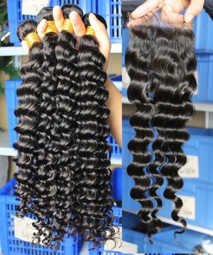 Deep Wave Human Hair Bundles With One 4X4 Lace Closure