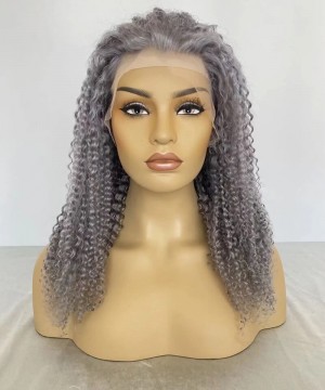 Gray Color Kinky Curly Transparent Lace Wigs 150% Density