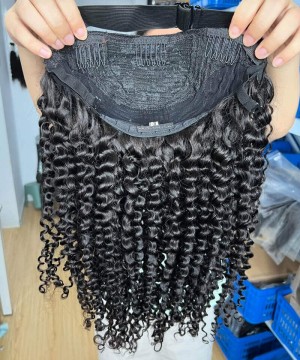 Kinky Curly Human Hair Half Wigs With Breathable Feeling Cap 150% Density