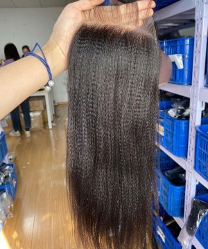 Coarse Yaki Straight Human Hair 5x5 Lace Closure 8-20 Inches Hair For Women 