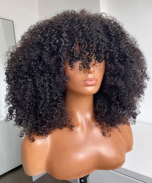 Afro Kinky Curly Lace Front Human Virgin Hair Bang Wigs 