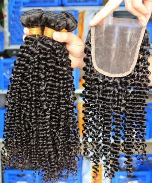 Kinky Curly Human Hair Bundles With Lace Closure 4 Pieces/set