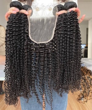 Kinky Curly Human Hair Weave 4 Bundles With 5X5 Closure