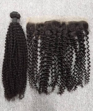 One Bundle Kinky Curly Human Hair With Lace Frontal 