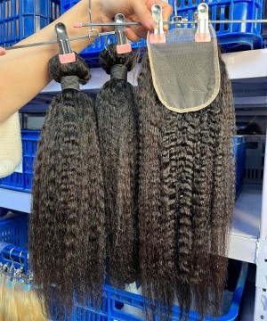 Two Kinky Straight Human Hair Bundles With Lace Closure 