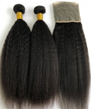 Two Kinky Straight Human Hair Bundles With Frontal 