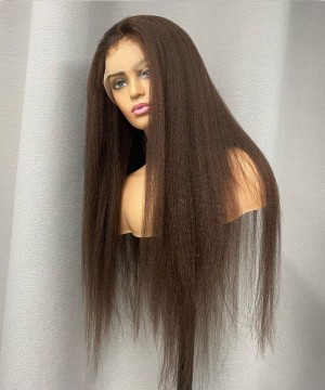 Brown Color Kinky Straight Transparent Lace Front Wigs 