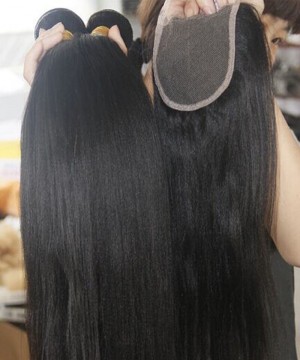 Light Yaki Human Hair Bundles With 4X4 Lace Closure 4 Pieces/set